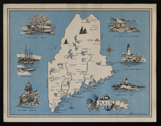 an illustrated pictorial map of Damariscotta, Newcastle, Maine.