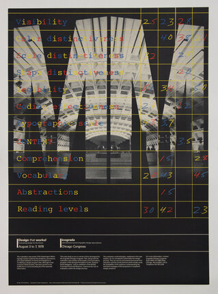 poster with a metro station behind the cutout of large letters: M M. 