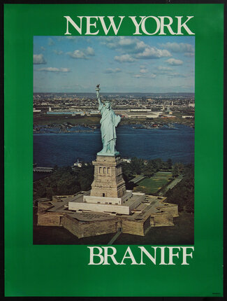 a poster an aerial view of the statue of liberty