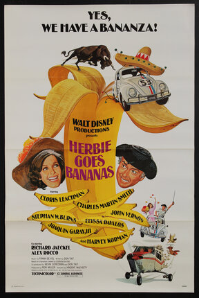 a poster of a cartoon drawing of a giant banana, some faces, a VW Bug with a sombrero and a raging bull and some other scenes.