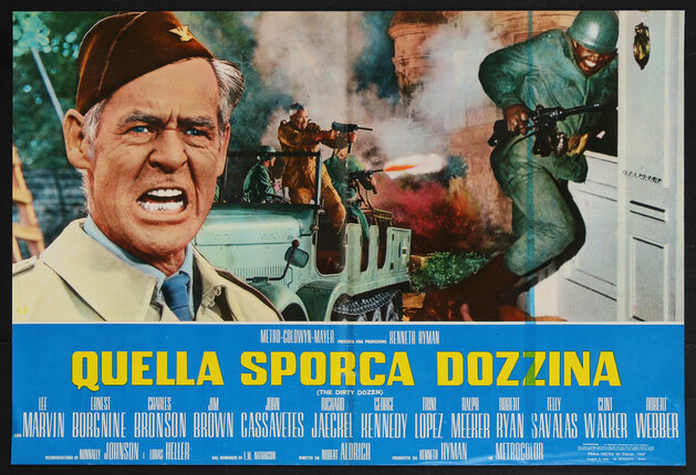 a movie poster of a man with a military cap on and a solider tackling a door