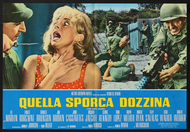 a movie poster of a man holding a dagger to a woman's throat and soldiers fighting