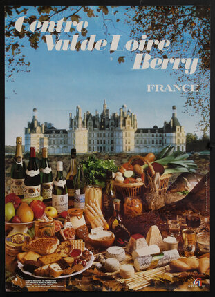 a poster with a castle and a spread of food and wine