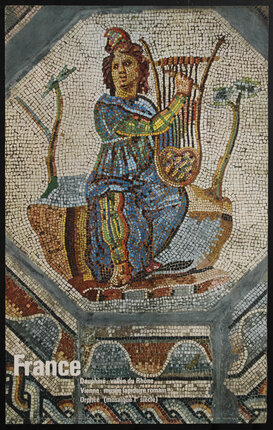 an ancient Roman mosaic with a man playing lyre