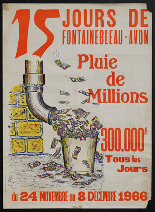 a poster with an illustration of money flowing out of a rain drain pipe into a bucket