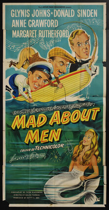 a movie poster with caricatures of three men in a boat and a mermaid at the bottom of the sea