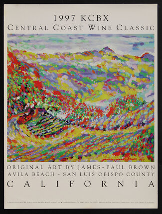 a poster with a pointillist painting of a beach with mountains in the distance