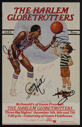 poster with a basketball player showing a spin trick to a child