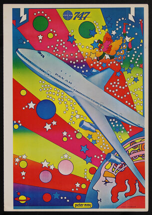 a poster with a plane and psychedelic rays