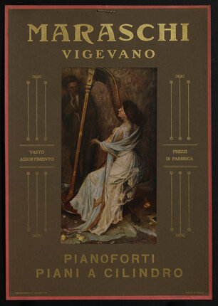 a poster with a woman in a white dress holding a harp