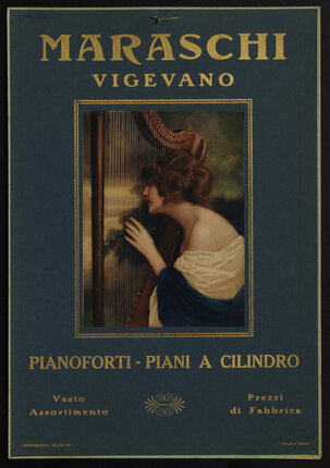 poster with an illustration of a female harpist in a blue dress