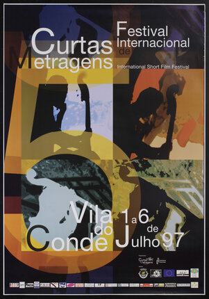 poster with a collage of images with silohette of a person playing a stand up bass