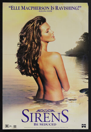 movie poster with the back of a nude woman (Elle Macpherson) standing in water