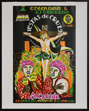 stylized image of Jesus on the cross, surrounded by two figures playing maracas and a drum