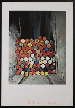 a poster with a wall of colorful oil drums