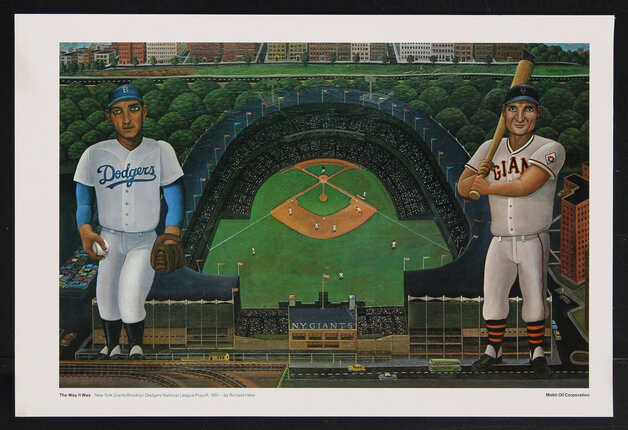 a poster baseball players and an arial view of a baseball field