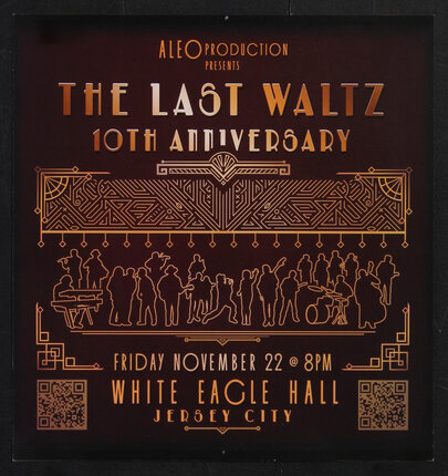 poster with silhouettes of figures playing instruments on stage