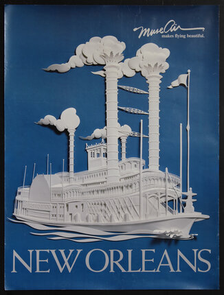 a poster with a statue of a steam boat