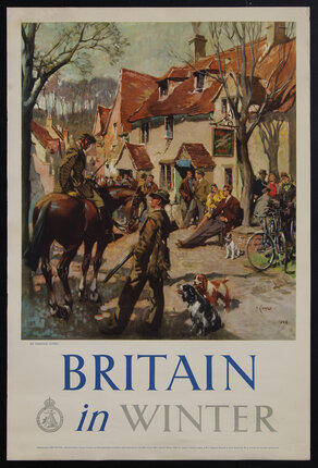 a poster of people socializing outside a village pub named 