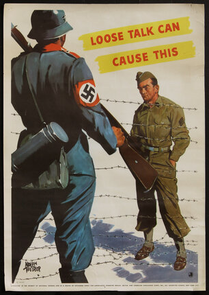 ww2 poster with a nazi guarding a prisoner behind barbed wire