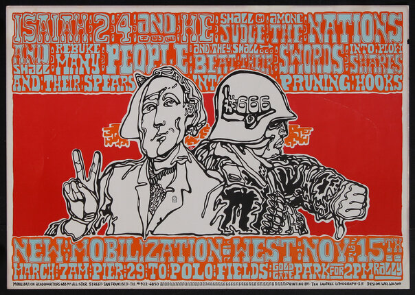 Poster with an illustration of a man (George Washington?) flashing a peace sign while a soldier with the number 666 on his helmet gives a thumbs down.