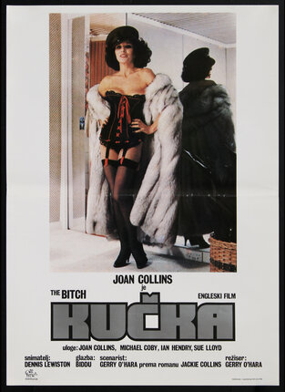 movie poster with a woman (Joan Collins) standing wearing sexy lingerie and a fur coat