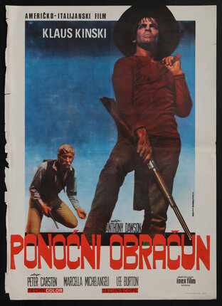 a movie poster with a man in a big hat standing holding a shot gun and another man on his knees holding a pistol in the background