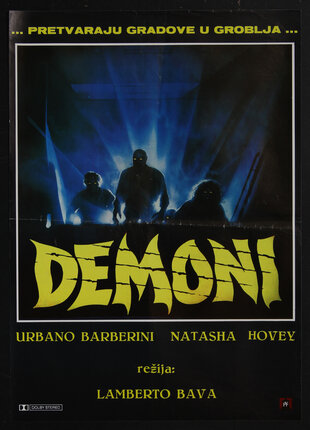 a movie poster with silhouetted backlit creatures walking in a corridor