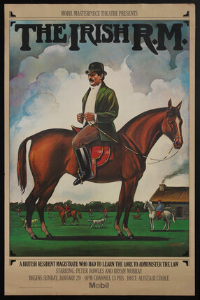 a poster with of sitting backward on a horse