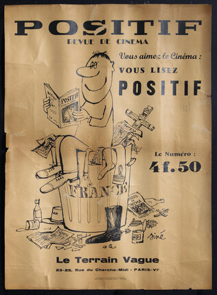 poster illustration depicting a person reading the magazine while sitting in a trash can full of newspapers, including a crucifix and papers labeled 