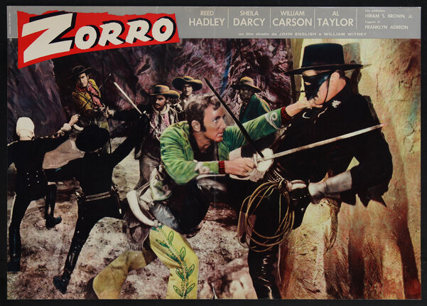 a movie poster of a man with a mask sword-fighting with another man and some other fighting in the background