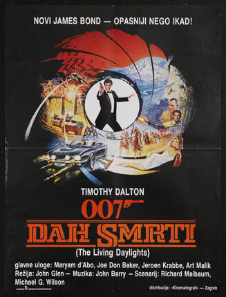 a movie poster o a man in a tuxedo both pointing a gun and other scenes from the film