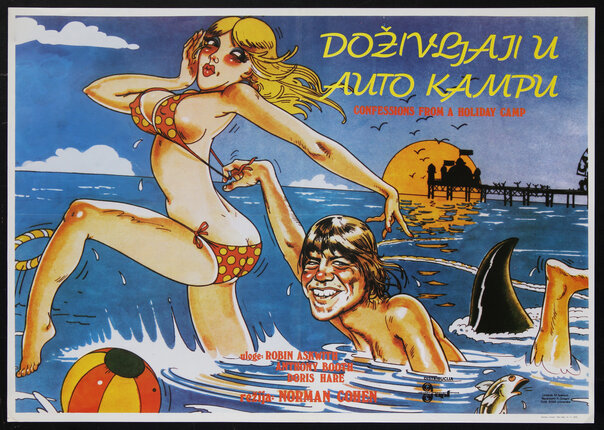 a movie poster with a cartoon of a man swimming while tugging at the bikini strap of a woman running in the water