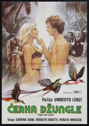 a movie poster of a woman and man scantily clad in the jungle facing each other with the man touching the woman's chin