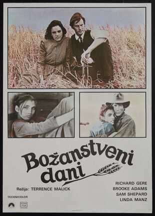 movie poster with a man and woman sitting in a field