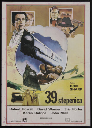 a poster of a train doubling as  the barrel of a gun that is held by a hand, and a clock tower, and some people