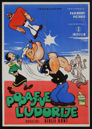 poster with a cartoon of a man punching another man into the sky with a woman and horse in the background