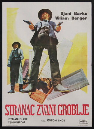 a movie poster with man holding two pistols with some coffins behind him
