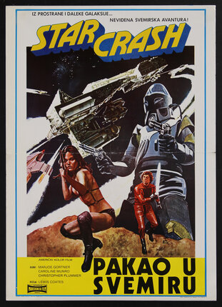 a movie poster with scantily woman holding a gun in space with a man holding a sword and a giant robot behind her