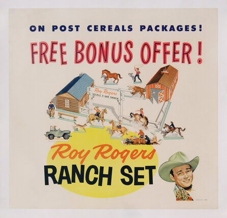 poster with an illustration of a ranch with cowboys riding horses