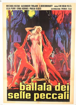 a poster of a woman surrounded by dancing men in a forest