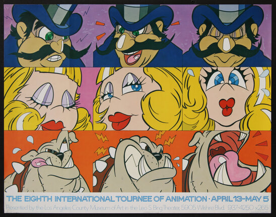 poster with cartoon strips of a man in a hat, a woman, and a dog