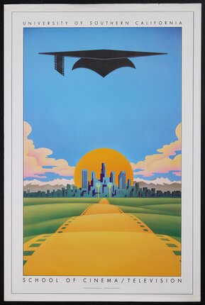 Poster of a road made from a orange film strip leading toward a city skyline and sunset with a floating graduation-cap in the air