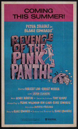 a movie poster with a cartoon pink panther standing on the title text 