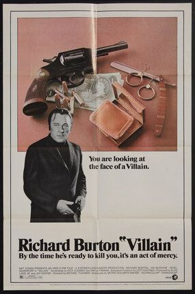 a movie poster with a man holding a gun and a surface with a gun, bullets, money, a make-up compact, earrings, and razor on it.