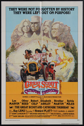 Movie poster with a parody of Mt. Rushmore faces and people driving recklessly in a car