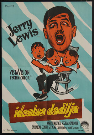 a poster with a caricature of a cross-eyed man in a rocking chair, yelling while holding three babies in his lap 