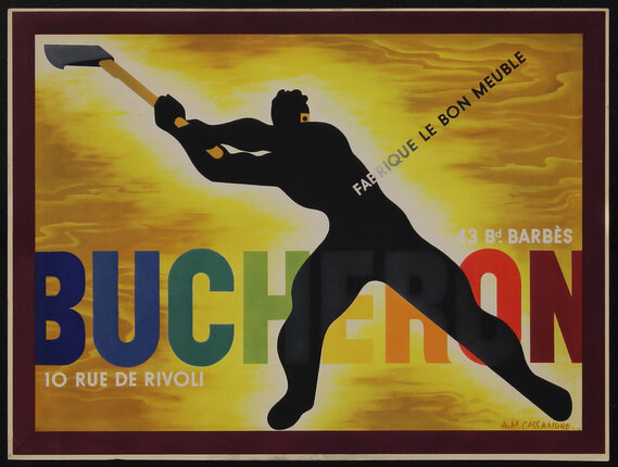poster with the silhouette of a man swinging an axe