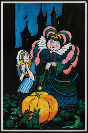 poster cartoon illustration of a fairy godmother standing with a young girl and pointing a wand at the pumpkin while.