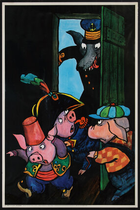 poster cartoon illustration of three clothed pigs running from a wolf in the door way